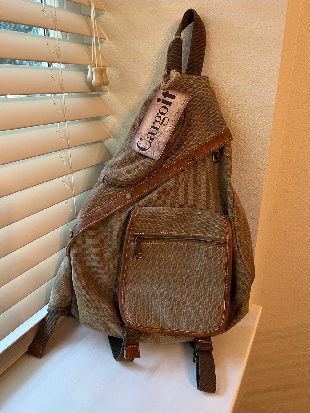 Cargoit Tan Canvas Sling Backpack with Brown Trim